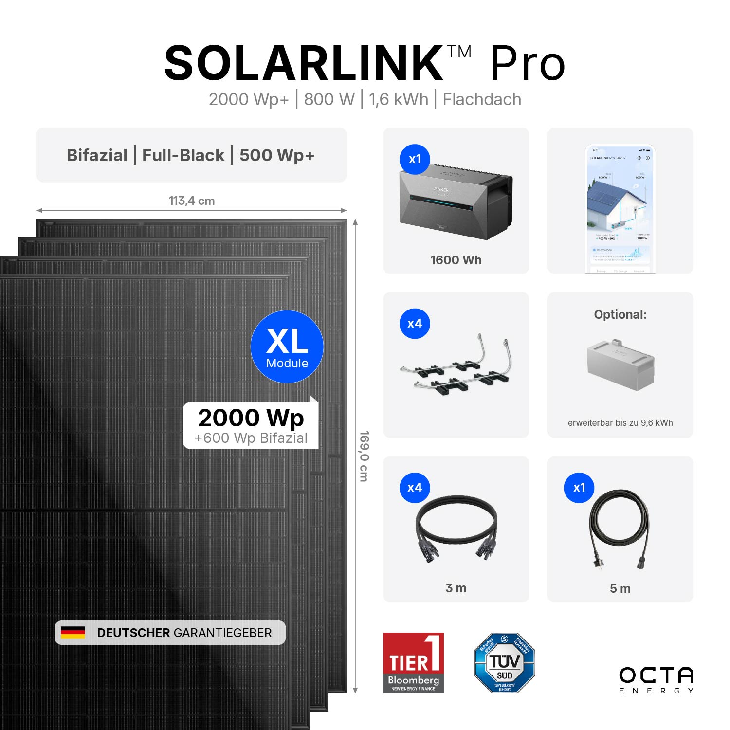 Octa SolarLink™ Pro | 2000 Wp+ | 1,6 kWh | Flachdach